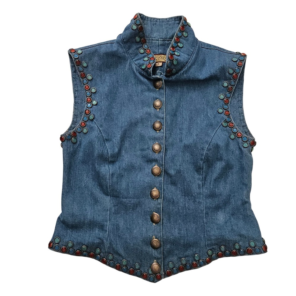 Double D Ranch Women Small Blue Denim Vest Western Studded Cowgirl Embellished